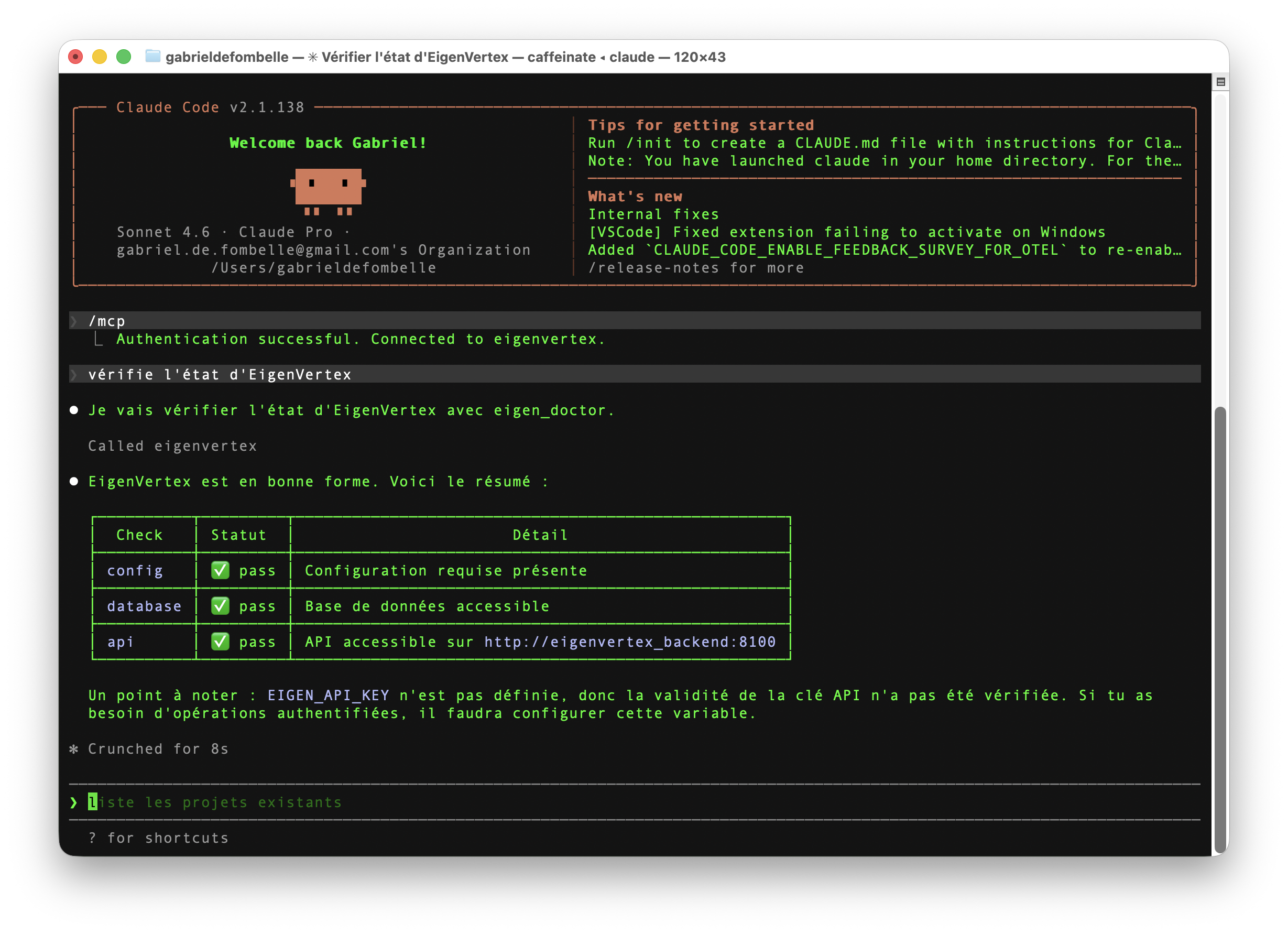 Terminal screenshot of Claude Code authenticating to EigenVertex over MCP and running a live health check